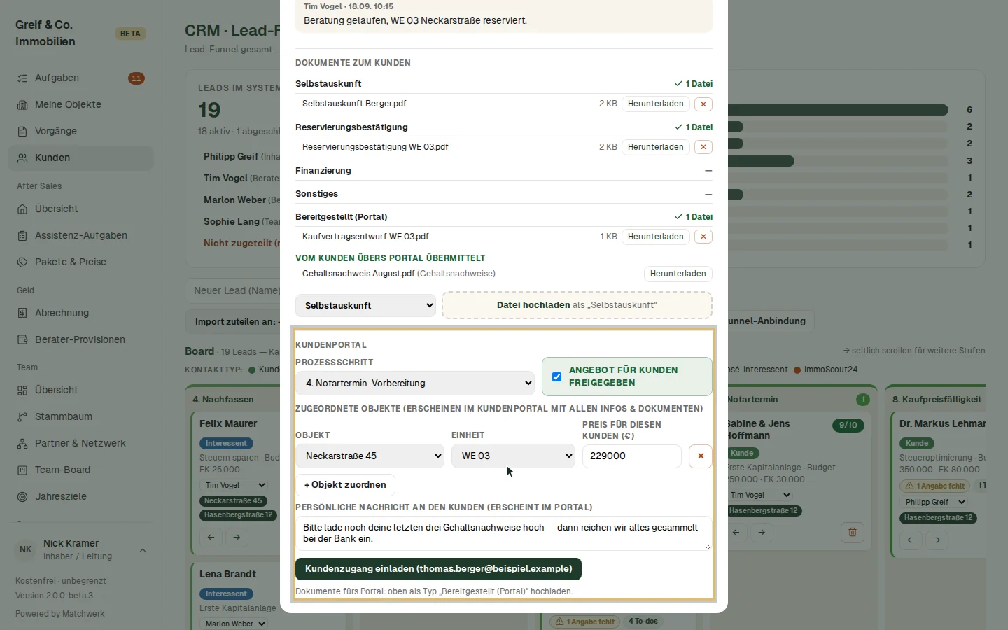 Der Abschnitt „Kundenportal“ in der Kundenakte