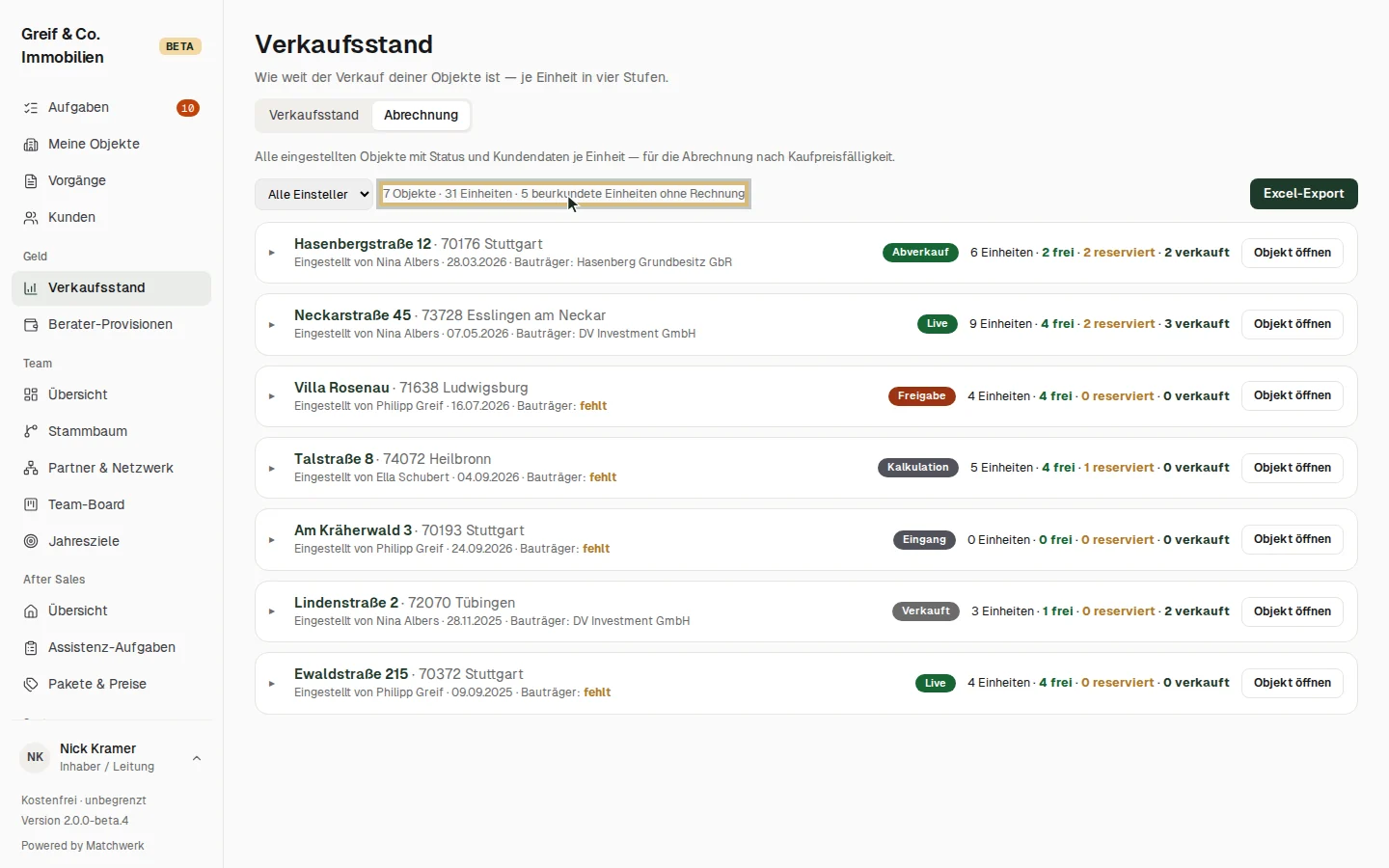 Registerkarte Abrechnung: Objekte mit Stand und offenen Rechnungen
