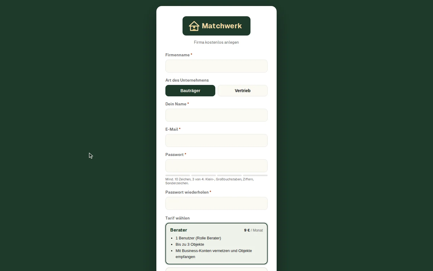 Das leere Registrierungsformular