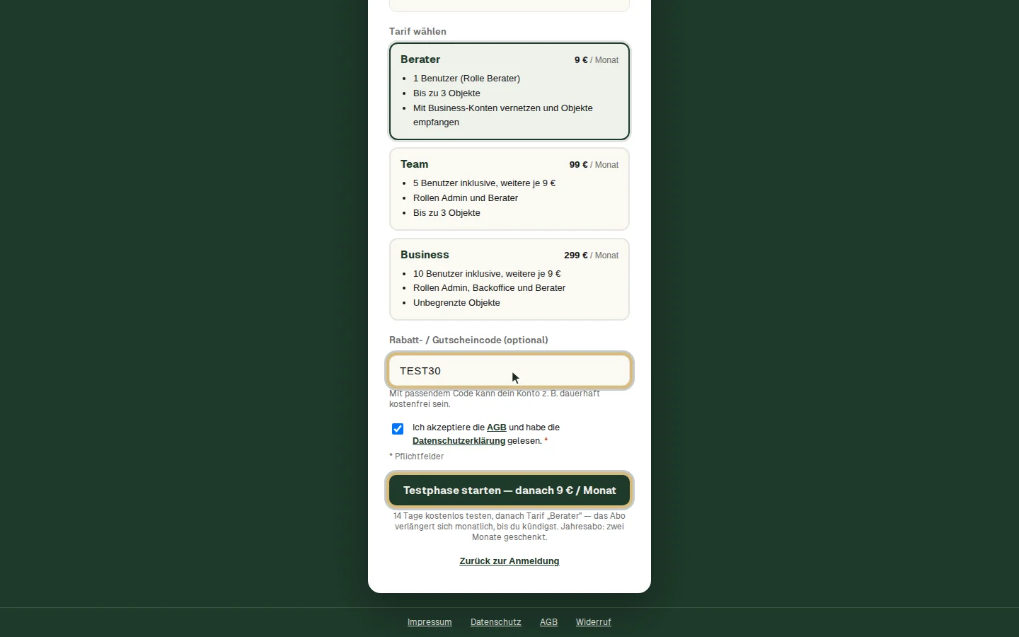 Ausgefülltes Formular mit Tarif und Rabattcode
