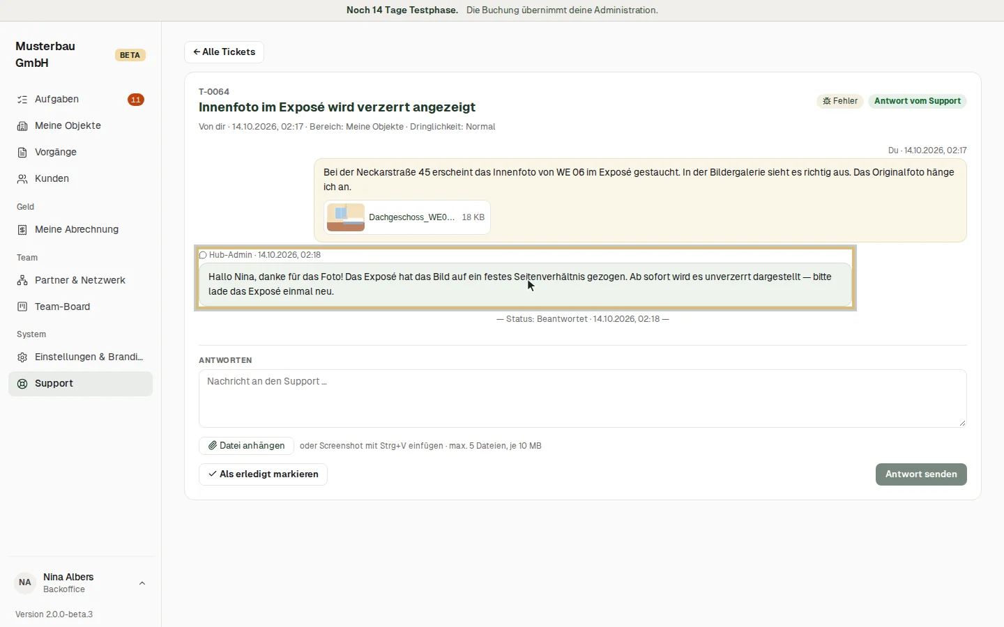Die Antwort des Supports im Verlauf