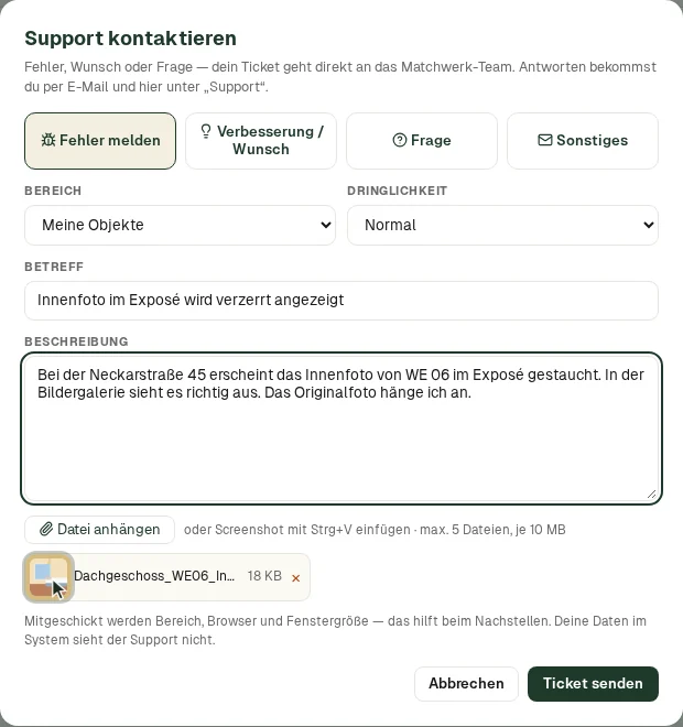 Fehlermeldung mit Foto als Anhang