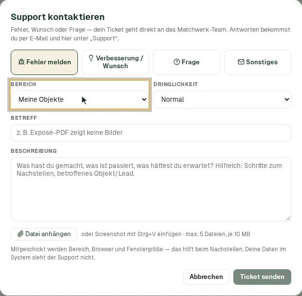 Der Dialog „Support kontaktieren
