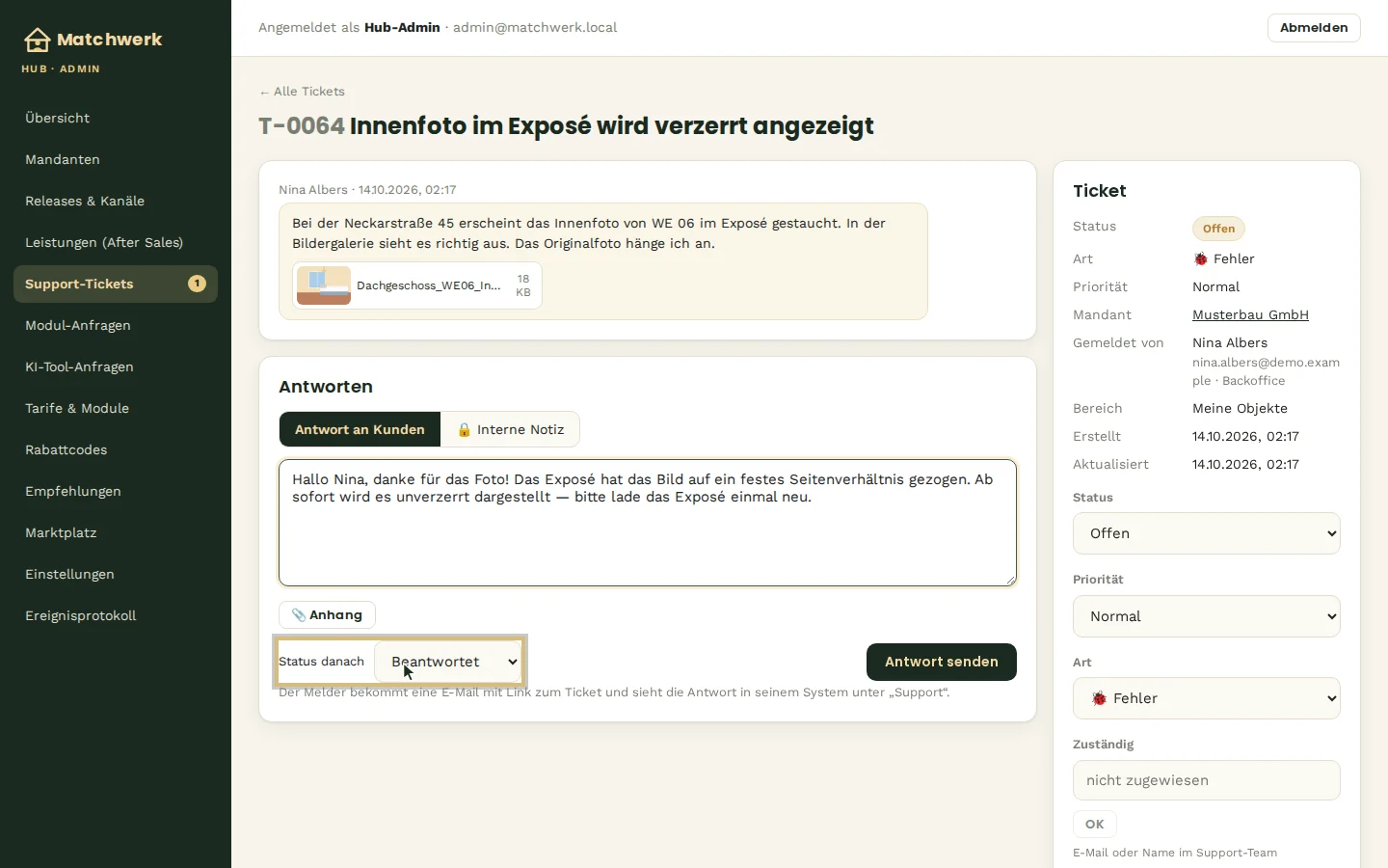 Antwort an den Kunden, Status danach „Beantwortet