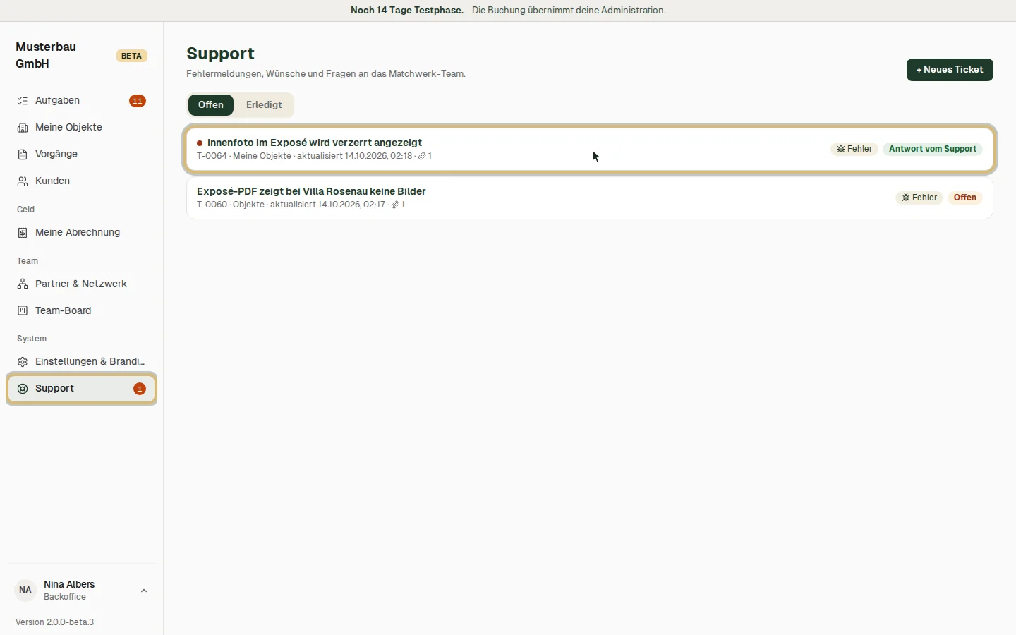 Neue Antwort — markiert, Status „Antwort vom Support