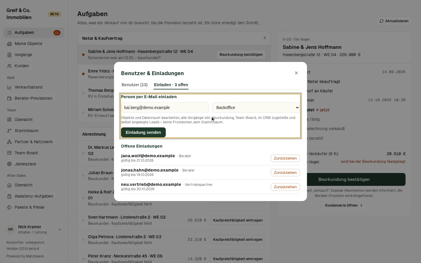 Einladung für das Backoffice