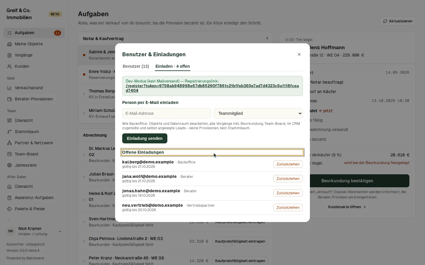 Registrierungslink und offene Einladungen