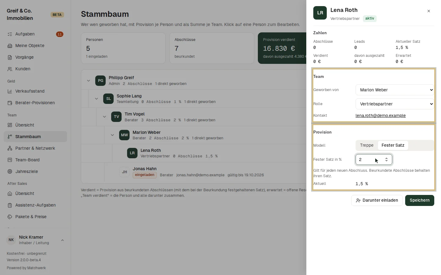 Provisionsmodell „Fester Satz“ mit 2 %