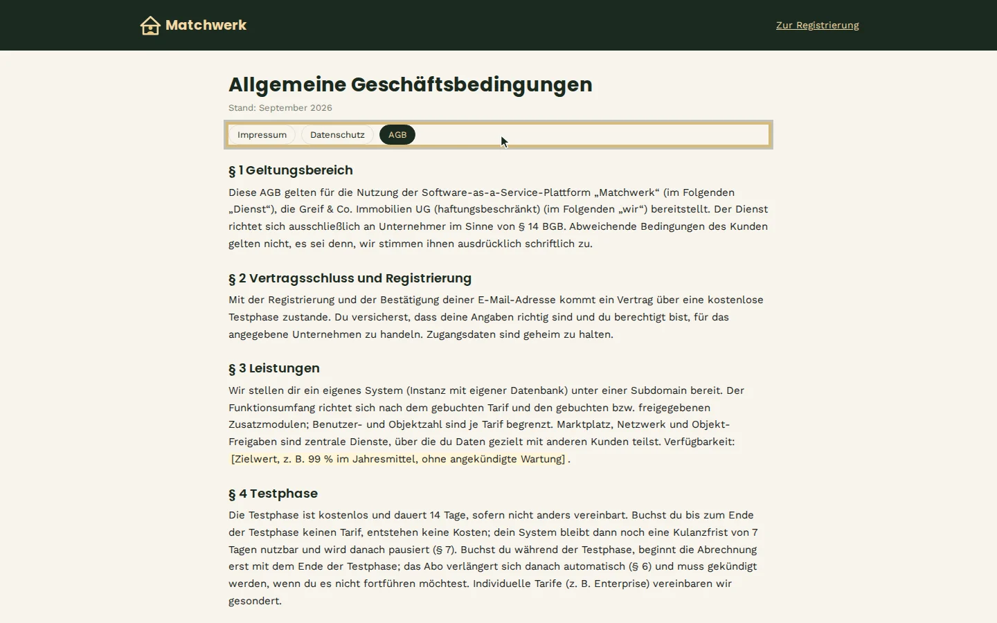 Die AGB mit Navigation zu Impressum und Datenschutz