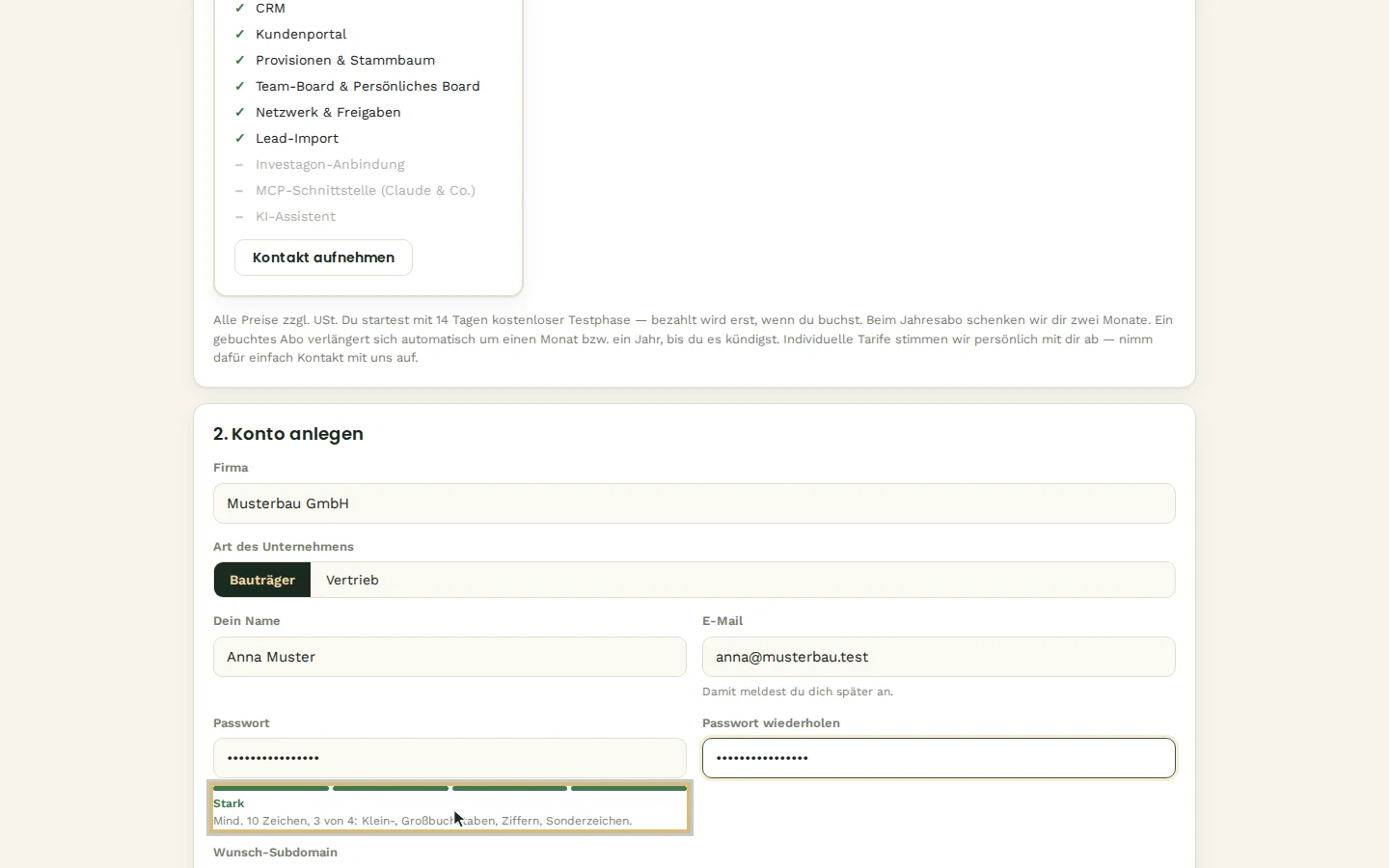 Firma, Art, Name, E-Mail und ein starkes Passwort