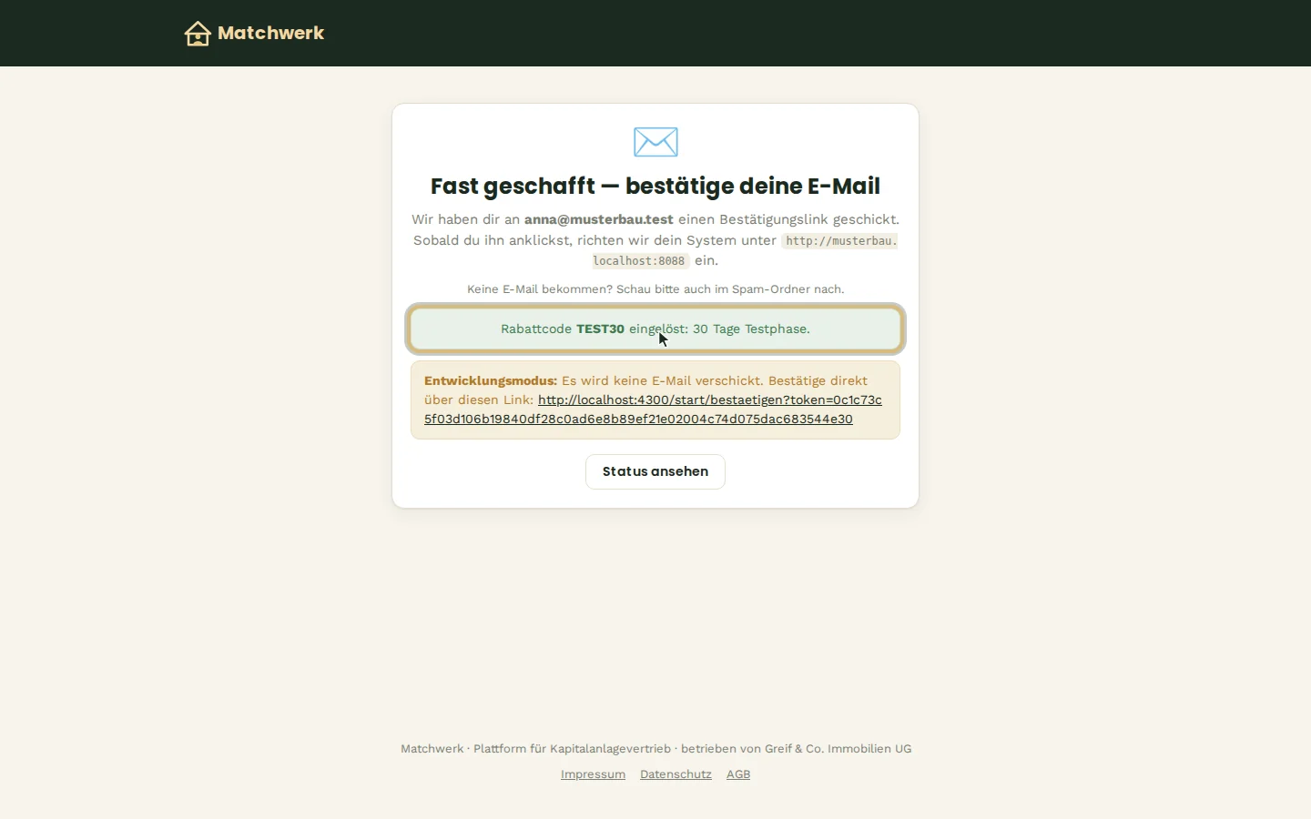 Fast geschafft — Bestätigungslink verschickt, Gutscheincode eingelöst