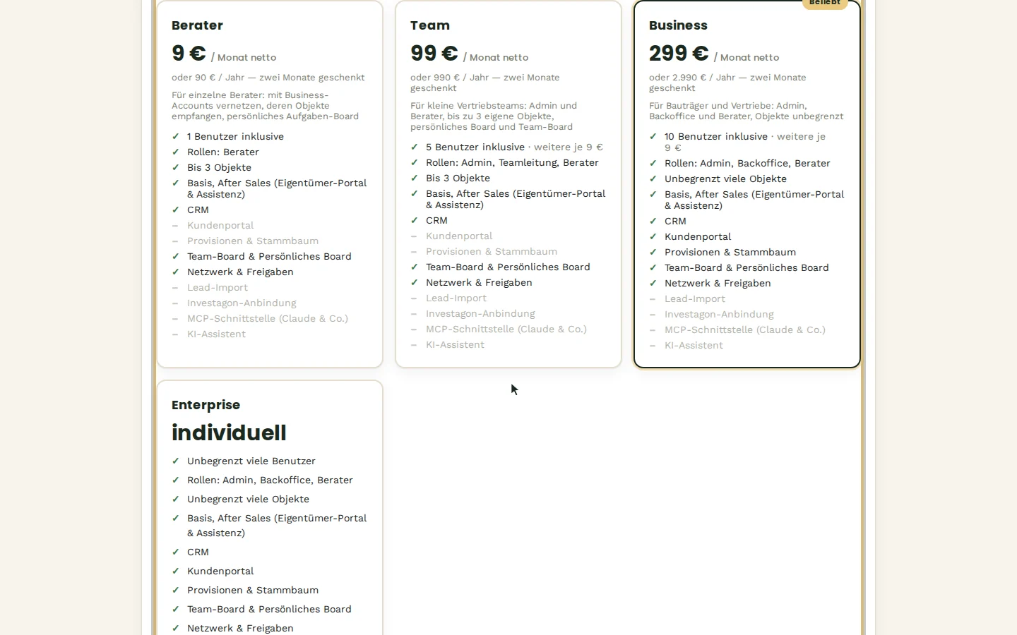 Startseite mit den drei Tarifen