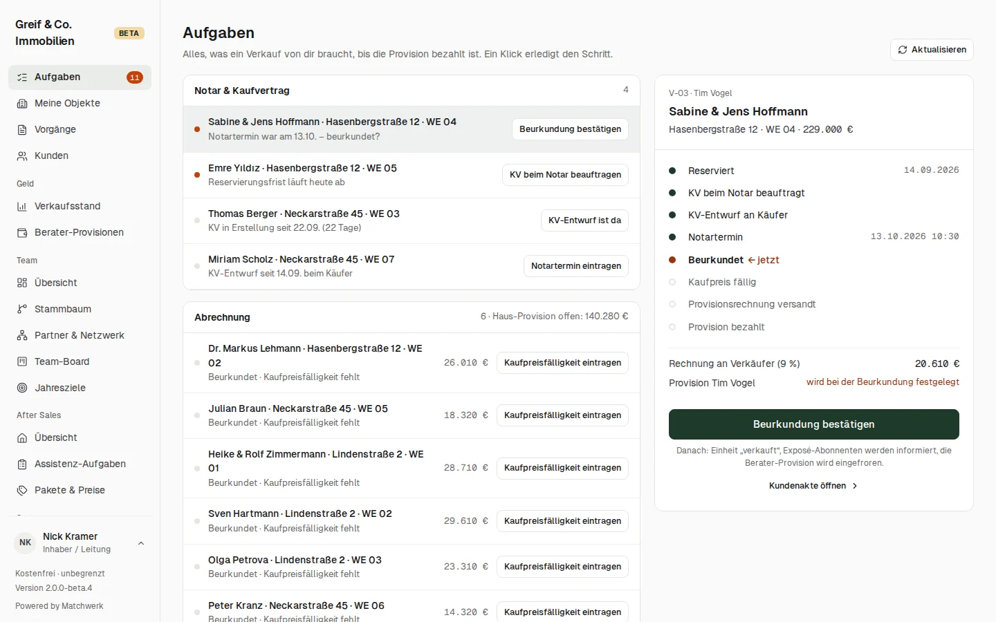 Die Aufgaben: links nach Gruppen, rechts der gewählte Vorgang