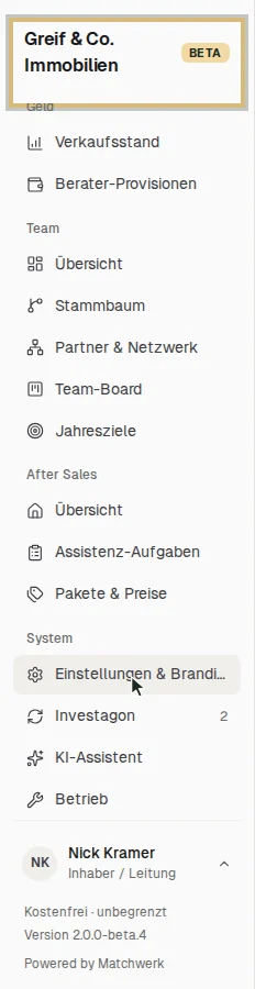 Die Seitenleiste der Leitung mit allen Gruppen
