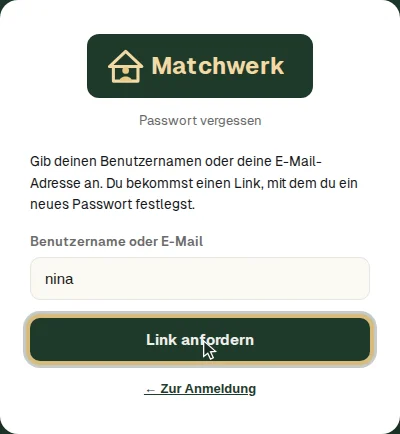 Passwort vergessen: Benutzername oder E-Mail angeben
